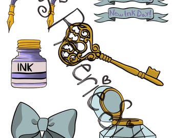 Journal Stickers with Purple Quills, Ink Bottle and Fountain Pen Designs