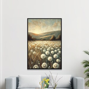 Löwenzahn Feld Wand Kunst, Sonnendurchflutete Wiese Druck, Natur Landschaft Leinwand, Gelassene Landschaft Dekor, Pastoral Szene Poster, Rustikale Hauswand