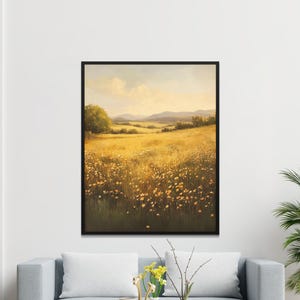 Impresión digital de arte mural de campo dorado, póster imprimible de paisaje sereno, arte de prado amarillo para decoración del hogar, impresión de decoración de pared inspirada en la naturaleza