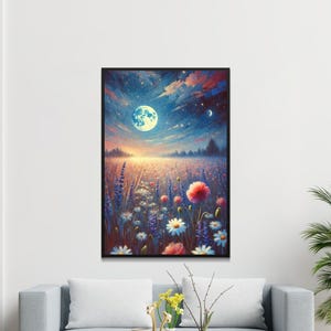 Mondlit Blumenfeld Wandkunst, Sternennacht Landschaft Druck, Blumen Natur Malerei, Verträumte Nachthimmel Wand Dekoration, Himmlische Kunst Poster
