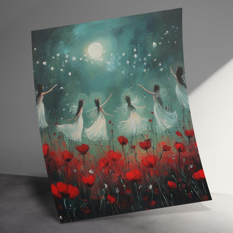 Fairies Dancing Under Moonlight Wall Art Fantasy Night Scene Art Print