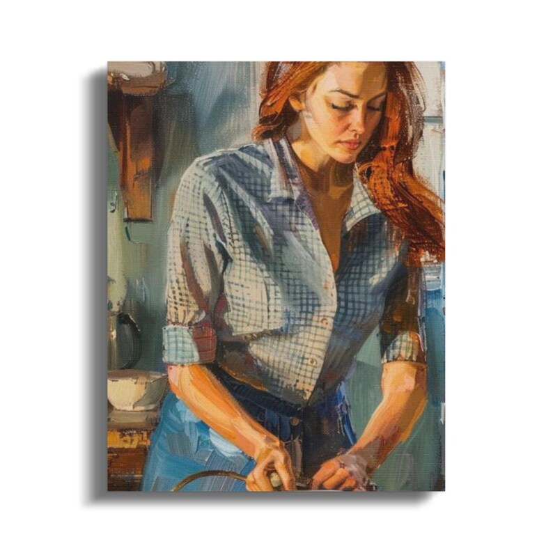 Vintage Kitchen Art Print, Woman Cooking Painting, Rustic Home Decor ...