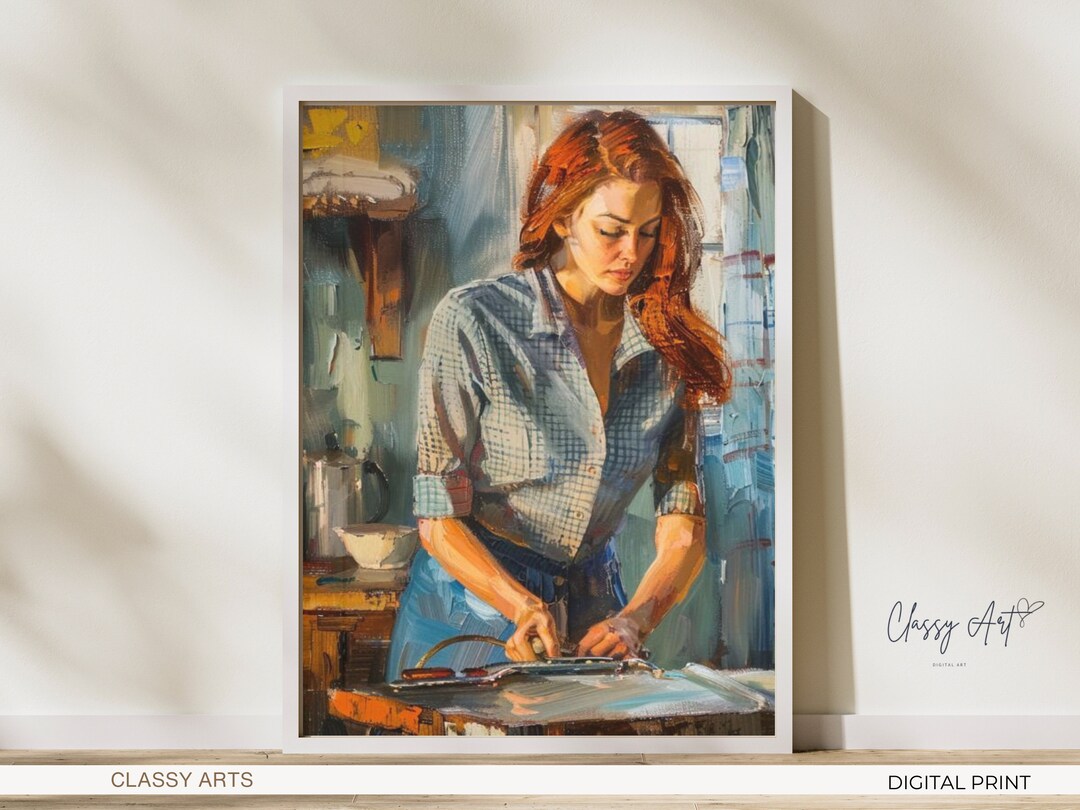 Vintage Kitchen Art Print, Woman Cooking Painting, Rustic Home Decor ...