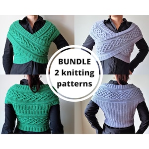 Puede incluir: Un paquete de dos patrones de tejido de punto para una chalina de punto de cable cruzado. La chalina se muestra en dos colores: verde y azul claro. El texto "BUNDLE 2 knitting patterns" está en un círculo blanco sobre un fondo negro.