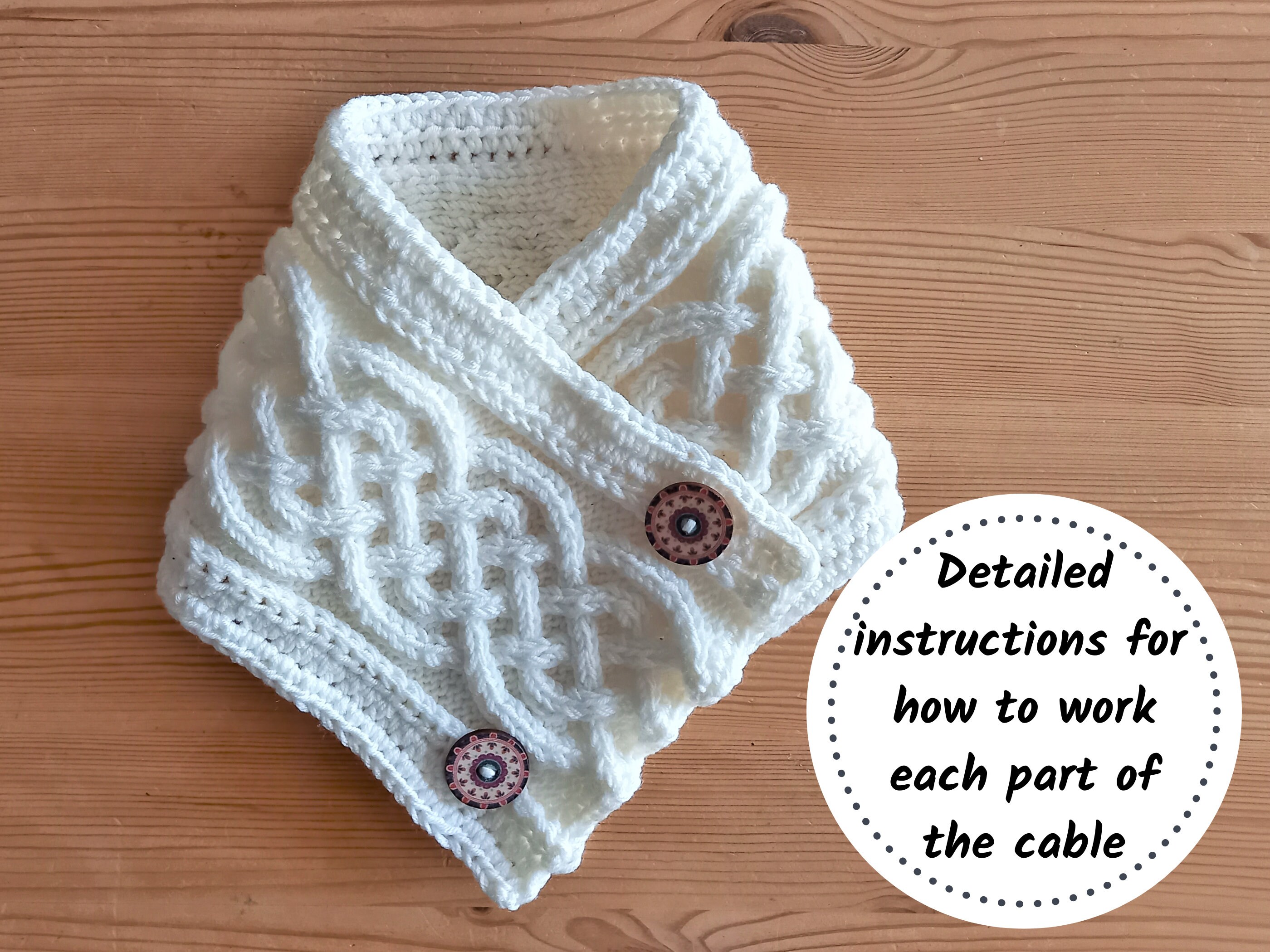 Knitting Pattern Cowl With Buttons, Celtic Cables Mini Scarf for Women ...