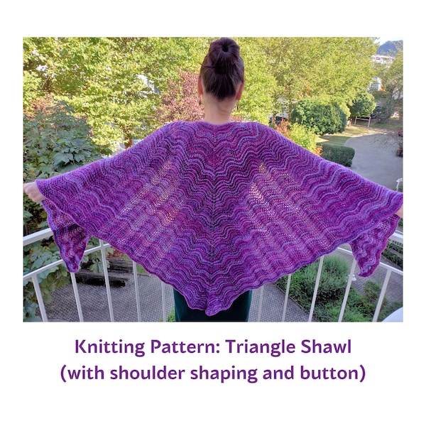 Triangle shawl knitting pattern, Faroese style shawl with shoulder shaping & button, instant download digital, Wavy lace large autumn wrap