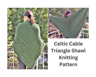 Celtic cable triangle shawl knitting pattern, instant download pdf, written instructions & chart, large wrap with button, DK or chunky yarn