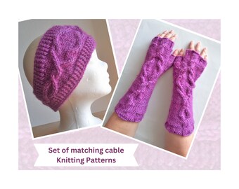 Knitting patterns set, headband and fingerless gloves with Celtic cable, written instructions and charts, unisex adult earwarmer and mitts