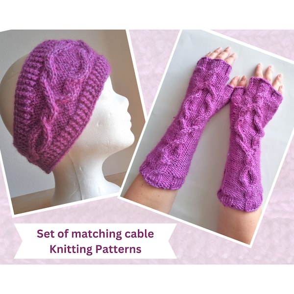 Knitting patterns set, headband and fingerless gloves with Celtic cable, written instructions and charts, unisex adult earwarmer and mitts