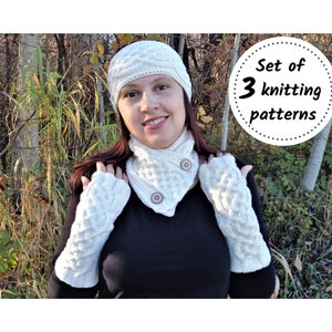 May include: A set of three knitting patterns for a white headband, cowl, and fingerless gloves. The patterns are shown being worn by a person in a wooded area.
