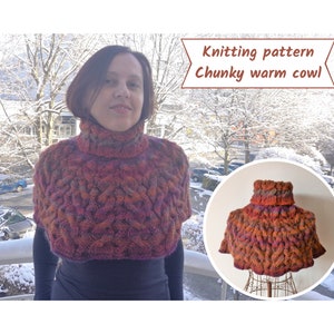 May include: A chunky knit cowl in shades of orange, purple, and brown. The cowl is shown being worn by a person in a snowy outdoor setting. The text "Knitting pattern Chunky warm cowl" is displayed in a banner above the image.