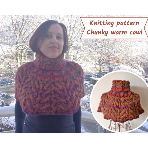 Knitting pattern chunky knit cowl with cables, Reversible neck & shoulder warmer for women, Knit in the round, instant download pdf digital