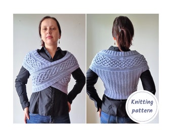 Cross body wrap vest knitting pattern, aran wrap with Celtic cable, outlander crossover shawl, cottagecore sweater vest knit digital pattern