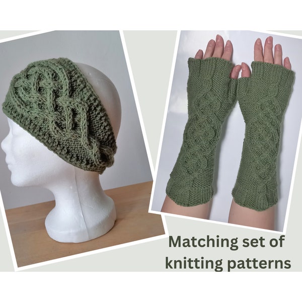 Knitting patterns set, headband and fingerless gloves with Celtic cable, written instructions and charts, unisex adult earwarmer and mitts