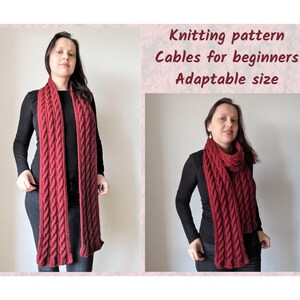 May include: A woman models a long, claret cable-knit scarf. The scarf has a textured, braided design. The image includes text that reads "Knitting pattern Cables for beginners Adaptable size."