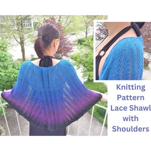 May include: A knitted lace shawl with a gradient of blue, purple, and black. The shawl has a unique design with shoulder straps. The image also includes the text "Knitting Pattern Lace Shawl with Shoulders".