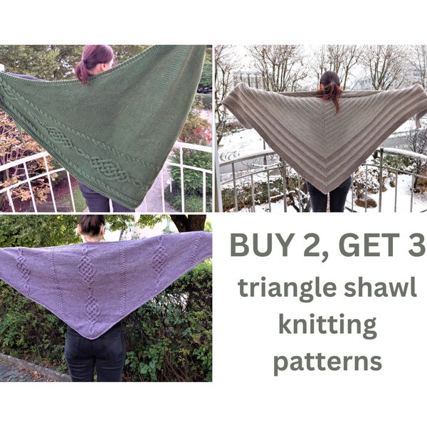 Set of 3 triangle shawl knitting patterns, fingering weight DK or chunky yarn, large sontag shawl wraps for women, Celtic cables with charts