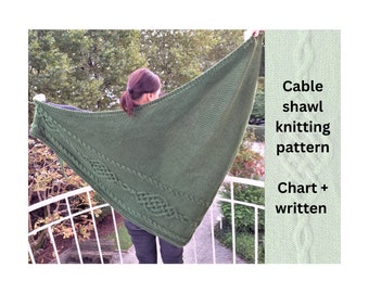 Celtic cable triangle shawl knitting pattern, instant download pdf, written instructions & chart, large wrap with button, DK or chunky yarn