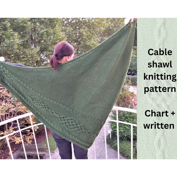 Celtic cable triangle shawl knitting pattern, instant download pdf, written instructions & chart, large wrap with button, DK or chunky yarn