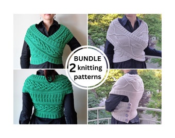 TWO Cross body wrap vest knitting patterns inspired by Outlander, with Celtic cables & Hearts cables, cropped sweater vest digital pattern
