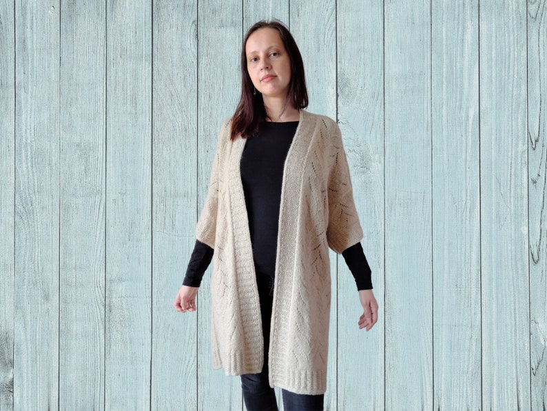 Long oversized cardigan for women knitting pattern, instant download digital pdf with stitch chart, open front duster robe lace knit pattern image 7