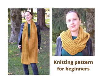 Easy scarf knitting pattern for beginners, adaptable size for adults & children, instant download pdf, quick reversible long chunky stole