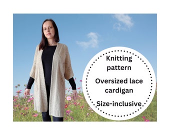 Long oversized cardigan for women knitting pattern, instant download digital pdf with stitch chart, open front duster robe lace knit pattern