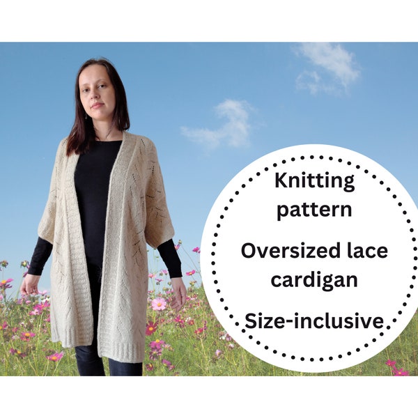 Long oversized cardigan for women knitting pattern, instant download digital pdf with stitch chart, open front duster robe lace knit pattern