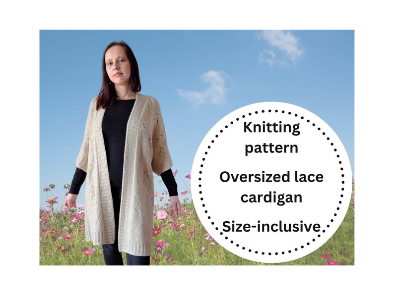 Long oversized cardigan for women knitting pattern, instant download digital pdf with stitch chart, open front duster robe lace knit pattern image 1