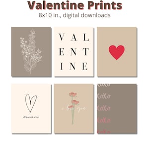 Pode incluir: Conjunto de seis cart&otilde;es de Dia dos Namorados imprim&iacute;veis com v&aacute;rios designs, incluindo um cora&ccedil;&atilde;o, flores e a palavra "Valentine" em fonte de bloco. Os cart&otilde;es medem 20,32 x 25,4 cm e est&atilde;o dispon&iacute;veis para download digital.