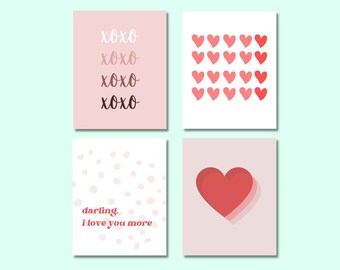 Conjunto de 4 pôsteres para o Dia dos Namorados com corações e xoxota (download digital)