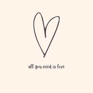 Pode incluir: Uma ilustra&ccedil;&atilde;o simples em preto e branco de um cora&ccedil;&atilde;o com o texto "all you need is love" abaixo.