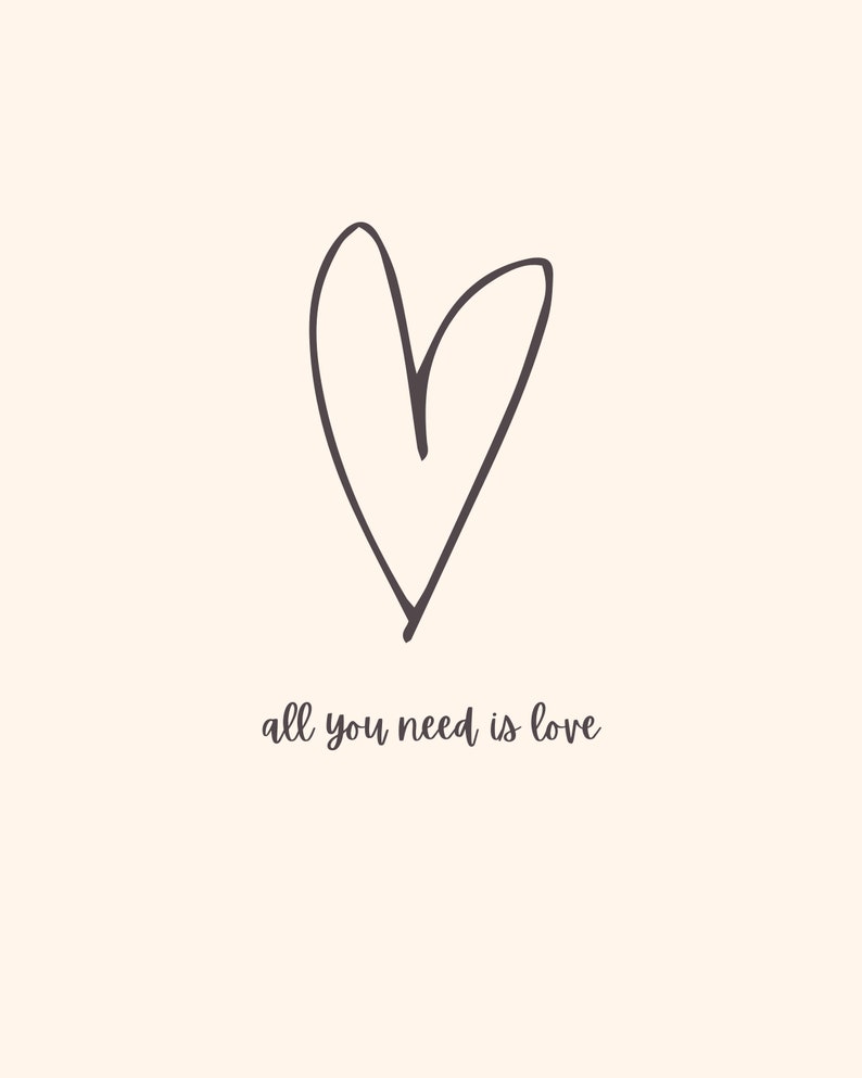 Pode incluir: Uma ilustra&ccedil;&atilde;o simples em preto e branco de um cora&ccedil;&atilde;o com o texto "all you need is love" abaixo.
