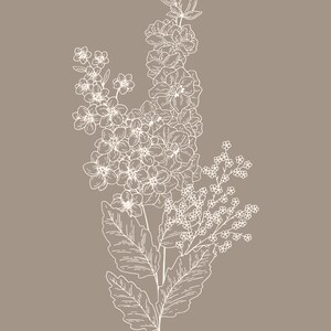Pode incluir: Um desenho de linha de um buqu&ecirc; de flores brancas com folhas. As flores est&atilde;o dispostas em uma linha vertical e s&atilde;o desenhadas em um estilo simples e elegante.