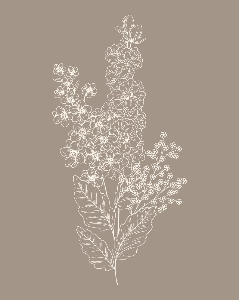 Pode incluir: Um desenho de linha de um buqu&ecirc; de flores brancas com folhas. As flores est&atilde;o dispostas em uma linha vertical e s&atilde;o desenhadas em um estilo simples e elegante.