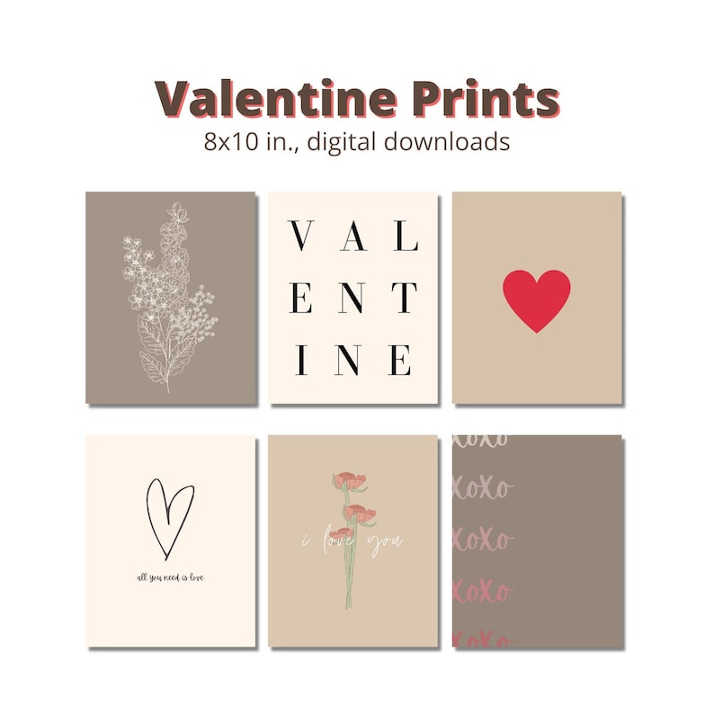 Pode incluir: Conjunto de seis cart&otilde;es de Dia dos Namorados imprim&iacute;veis com v&aacute;rios designs, incluindo um cora&ccedil;&atilde;o, flores e a palavra "Valentine" em fonte de bloco. Os cart&otilde;es medem 20,32 x 25,4 cm e est&atilde;o dispon&iacute;veis para download digital.