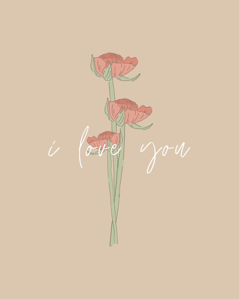 Pode incluir: Uma ilustra&ccedil;&atilde;o simples de tr&ecirc;s flores cor-de-rosa com caules verdes e o texto "i love you" em branco.