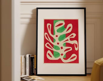 Impression Matisse, art mural découpé, algues blanches sur fond rouge et vert, 1947, expédié du Royaume-Uni/États-Unis/Europe/Australie, encadré ou non