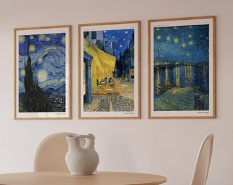 Van Gogh Set of 3  print, The starry night and cafe painting wall art, Vincent van gogh  painting poster wall art set, framed or unframed