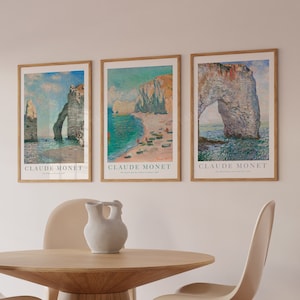 Monet print set of 3, seaside landscape painting poster wall art set, Ship from UK/US/Europe/Australia, framed or unframed
