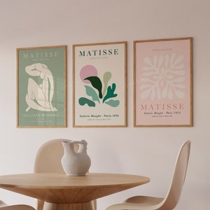 Conjunto de 3 impresiones de Matisse, arte mural en verde esmeralda y rosa, póster Matisse Cutouts, envío desde Reino Unido, EE. UU., Europa o Australia, con o sin marco