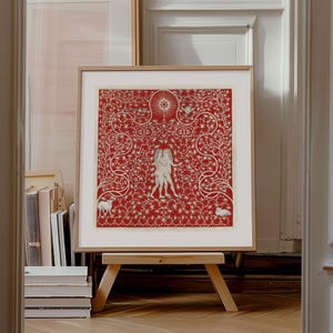 Gravura quadrada, Adão e Eva no Jardim com um Par de Ovelhas e um Par de Pombas, c. 1780. Gravura britânica vintage. Envio do Reino Unido/EUA/Europa/Austrália.
