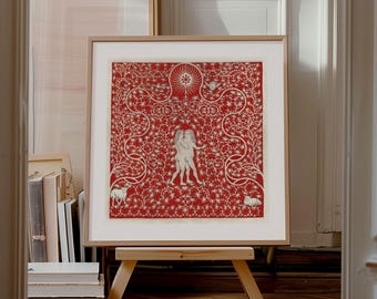 Square print, Adam and Eve in the Garden with a Pair of Sheep and a Pair of Doves, c.1780 British Vintage, Ship from UK/US/Europe/Australia