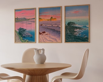 Ensemble de 3 oeuvres d'art murales japonaises, Kawase Hasui, reproduction d'impression sur bois, impression d'art, expédié du Royaume-Uni/États-Unis/Europe/Australie, encadré ou non