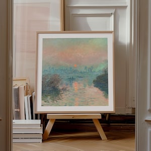 Stampa quadrata di Monet, Tramonto sulla Senna a Lavacourt c.1880, Spedizione da Regno Unito/Stati Uniti/Europa/Australia, con o senza cornice
