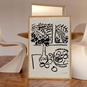 Natura morta di Matisse, stampa di disegno lineare, vaso e frutta, spedizione da Regno Unito/Stati Uniti/Europa/Australia, con o senza cornice.