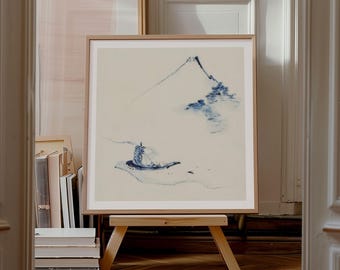 Japanse landschapsprint, Katsushika Hokusai, een persoon in een kleine boot op een rivier met de berg Fuji, schip uit VK/VS/Europa/Australië