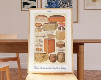 Vintage Cheese illustration print, Cheese collection poster, kitchen wall art,  Unframed