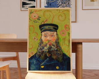 May include: A painting of a man with a beard wearing a blue uniform and a hat that says "POSTES". The background is a green and yellow floral pattern.