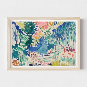 Pode incluir: Uma pintura abstrata colorida de uma paisagem com &aacute;rvores e folhagem em tons de azul, verde, amarelo, rosa e vermelho.
